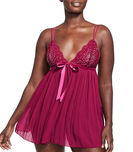 Victoria's Secret Embellished and Pleated Babydoll, Sheer Chiffon Fabric, Unlined, Women's Lingerie, Very Sexy Collection, Red (L)