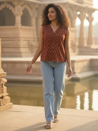 Image of Varanga Women Buti Printed Cotton Top | Sleeveless V-Neck | Bohemian Style | Lightweight & Breathable | Effortless Everyday Casual Wear