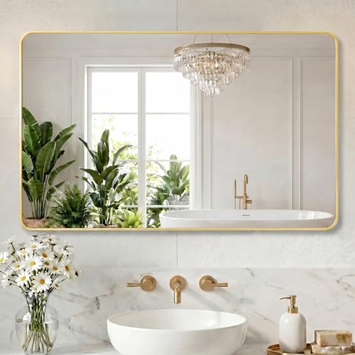 Image of NEWBULIG 30X48 Inch Gold Bathroom Mirror, Rectangle Wall Mirror with Rounded Corners, Vanity Mirrors for Bathroom Sink with Metal Frame for Bedroom, Entryway, Hangs Horizontally or Vertically