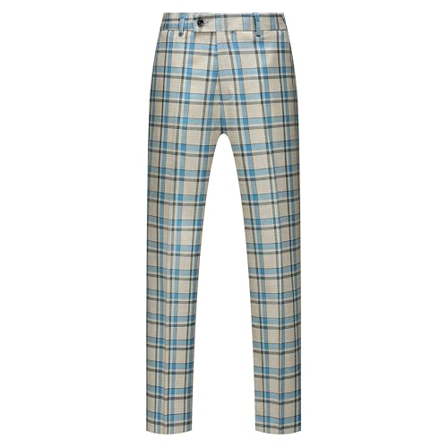 Mens Plaid Checkered Slim Fit Dress Pants Stretch Trousers with Elastic Waistband for Casual, Business, or Wedding