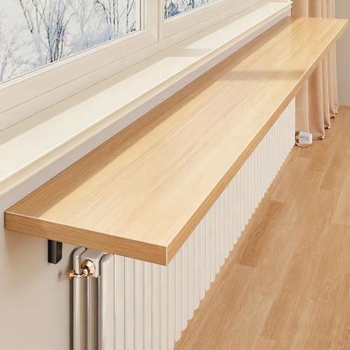 ラジエーターシェルフ、壁用フローティングシェルフ、収納と装飾用のブラケット付き木製壁収納棚(Beige,140x30cm/55x12in)