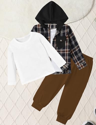 Image of Toddler Boy Clothes Plaid Hooded Shirt White T-shirt Top and Solid Color Pants 3Pcs Winter Boys Clothes