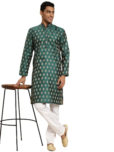 Image of SOJANYA (Since 1958 Men's Cotton Blend Navy Blue & Black Printed Kurta & White Churidar Pyjama Set