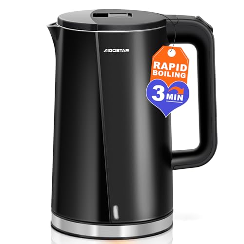 Aigostar Bollitore Elettrico Acciaio Inox Nero 1,7 Litri - Bollitura Rapida Electric Kettle 2200W, Doppio Isolamento, Senza Plastica All'interno, Spegnimento Automatico, Senza BPA