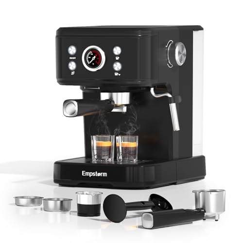 Empstorm Macchina per caffè espresso da 20 bar, macchina portafiltro con bacchetta a vapore per latte, funzione 2 in 1 per capsule di caffè e caffè macinato, latte e cappuccino, perfetta per la casa