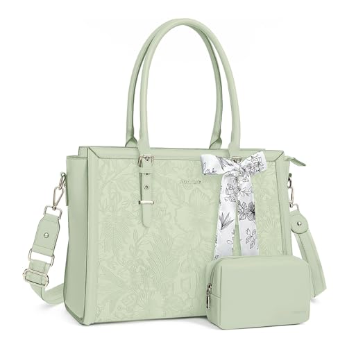 Image of MOSISO Laptop Bag for Women, PU Leather Tote Bag, Front Embossed Retro Hibiscus Computer Bags with Silk Scarf&Clutch Purse