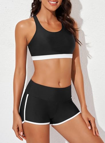 Image of Aleumdr Womens Athletic 3 Piece Tankini Swimsuits with Shorts Swim Tank Tops with Sports Bra and Boyshorts Bathing Suits
