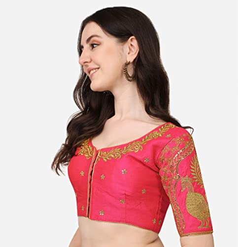 Image of Pujia Mills Women's Phantom Silk Embroidery Handwork & Sequin Work Peacock Design Half Sleeve Readymade Blouse (Mor Blouse Gold 38 Size+Margin)