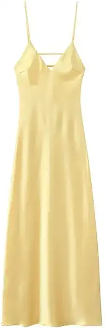 Gelbes Satin Cocktailkleid Damen Slim Fit V-Ausschnitt Ärmellos