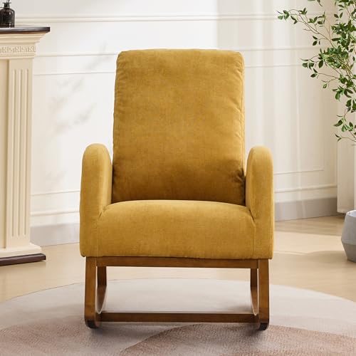 Image of Rocking Chair Nursery, Glider Rocking Accent Chair with Wood Legs, High Back Pocket Modern Upholstered Nursery Chair, Comfy Accent Rocker Armchair for Living Room Bedroom, Mustard Yellow