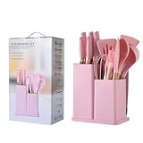 Utensilios de Cocina Premium. Conjunto Personalizado de 19 Piezas de Gel de Sílice con Mango de Madera. Juego de Utensilios de Cocina de Alto Rendimiento. (pink)