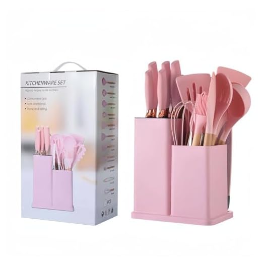Utensilios de Cocina Premium. Conjunto Personalizado de 19 Piezas de Gel de Sílice con Mango de Madera. Juego de Utensilios de Cocina de Alto Rendimiento. (pink)