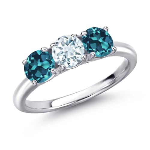 Gem Stone King 925 Sterling Silver Sky Blue Aquamarine and London Blue Topaz 3-Stone Engagement Ring For Women | 1.90 Cttw | Round 5MM | Gemstone March Birthstone | Available in Size 5,6,7,8,9
