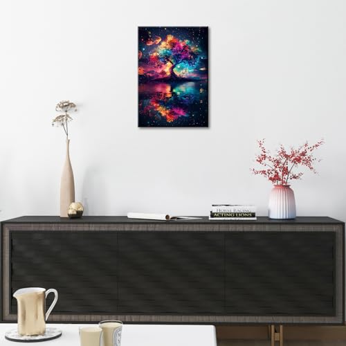 Wooden Framed Canvas Wall Art Colorful Tree of Life Canvas Print Abstract Blue Red Starry Night Scene Picture Painting Poster Home Office Corridor Living Room Bathroom Bedroom Wall Decor 30x40cm - Image 3