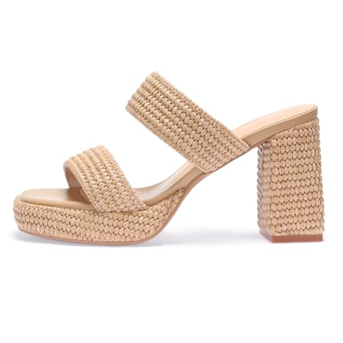 Monrovia Raffia Chunky Platform Heels for Women, Double Strap Square