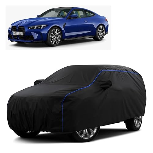 Image of Sulfar 100% Water Resistant Car Body Cover Compatible with Mirror for BMW M Series (Triple Stitched, Full Bottom Elastic, Black Tafetta with Blue Piping)