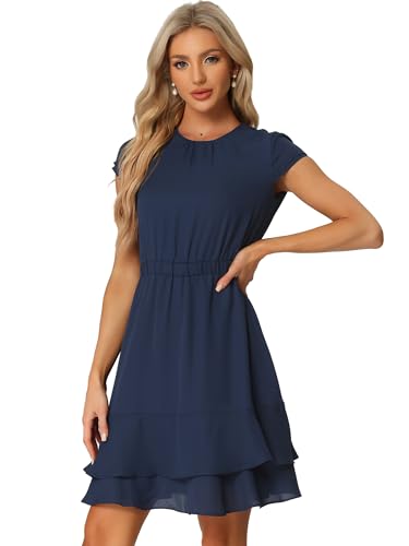 Allegra K Women's Elegant Chiffon A-Line Cap Sleeve Elastic Waist Layered Ruffle Dress Medium Dark Blue