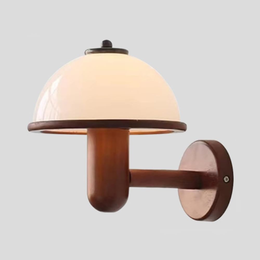Mjsdjof Wooden Mushroom Wall Sconce, Walnut Wall Lamp with Hemispherical Acrylic Shade, Bedside Decorative Wall Light, E14 Lighting Fixture, Medieval Design Wall Lamps for Corridor