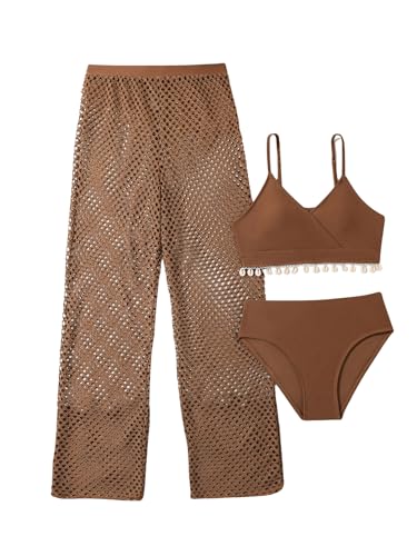 SweatyRocks Girl's 3 Piece Swimsuit Fringe High Waist Bathing Suit with Beach Cover Up Pants