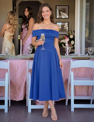 Image of ZESICA Summer 2026 Cocktail Dresses for Women's Off Shoulder Short Sleeve Swing A Line Wedding Evening Party Midi Dress