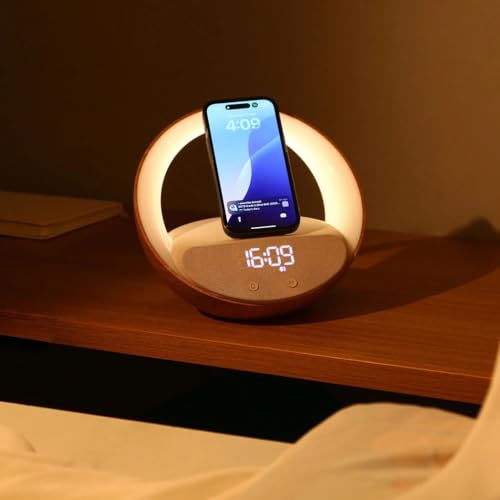 Image of Bigsmall Aura LED Lamp with Wireless Charging, Bluetooth Speaker & Digital Clock | Touch Control RGB Night Light for Bedroom, Living Room, Desk & Office