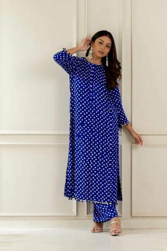 Image of LookMark Women Cotton Blend Bandhej Printed Bandhani Kurta Palazzo Set With Sequence Lace