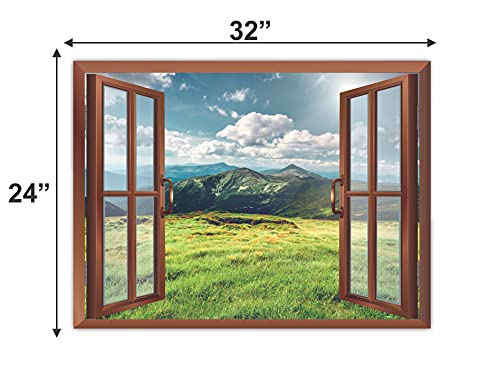 Image of CVANU Lovely View of Green Grassland with Blue Sky Having Clouds in a Sunny Day Removable Faux Window Wall Sticker /Decals for Living Room etc Cv 39