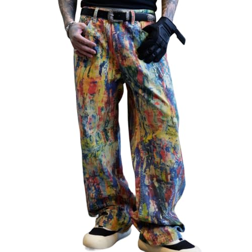 XYGJZ Hip Pop Wide Leg Jeans for Men Artistic Paint Splatter Denim Jeans