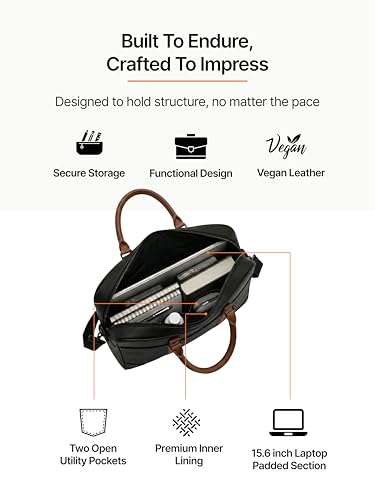 Image of Vegan Leather Laptop Messenger Bag for Men & Women | 15.6 Inch Office Shoulder Bag with Padded Laptop Compartment Multi-Pocket Work Satchel Adjustable Strap Business Bag | Alls