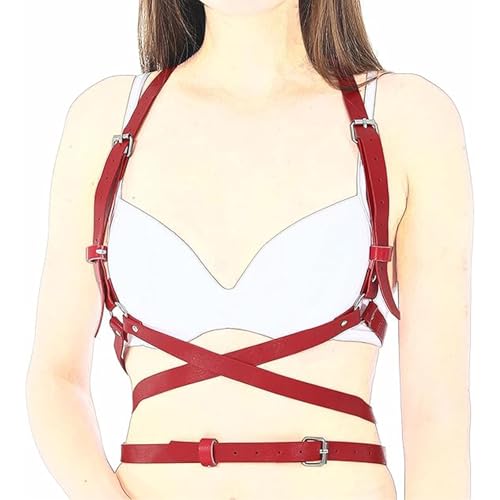 Women Leather Harness Belt,BDSM Chest Harness Body,Women’s Bondage Harness Red Adjustable Punk Waist Belt Gothic Upper Body Chest Straps Corset Ladies Belt Shackles for Woman Rave Outfit Ladies