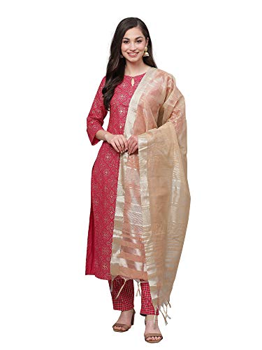 Image of INDO ERA Women's Pure Cotton Printed Straight Kurta With Pant & Dupatta Set (Pink IE13KS0PK1609)