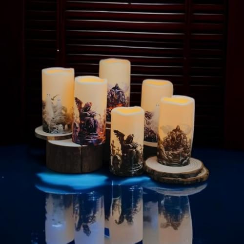 Image of Halloween LED Flameless Candles, Gothic Design, Set of 6, 5.7x3 inch, Remote Control with Timer, Battery Operated (6, D 3 inch)