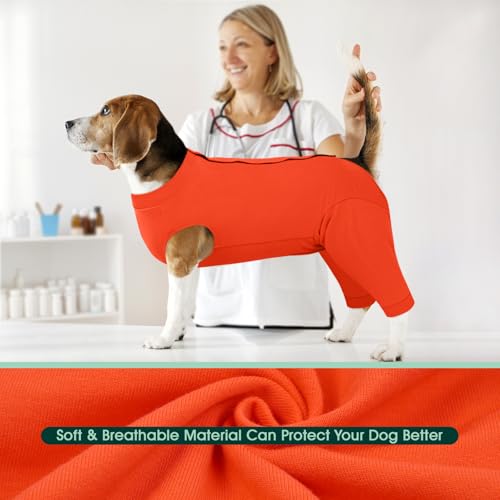 Image of Kuoser Dog Recovery Suit with Anti Licking Rear Leg Sleeve, Orange 3XL | Abdominal Dog Surgical Suit with Pants Cover Protect Wounds, Dogs Elbow Protector Soft Pet Surgery Onesie Cone Alternative