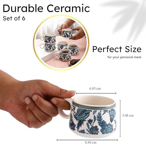 Image of miah decor Ceramic Tea Cups Set of 6 - Blue White | Handcrafted Stoneware Floral Printed Finish | Microwave & Dishwasher Safe Coffee Cups & Mugs for Home, Office & Gifting - Every Occasion | 180ml