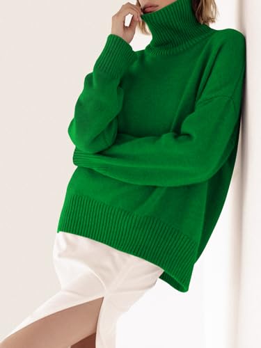 Image of YKR Women's Turtleneck Sweater Chunky Long Sleeve Knitted Pullover High Low Hem Sweater Jumper Top Green XL