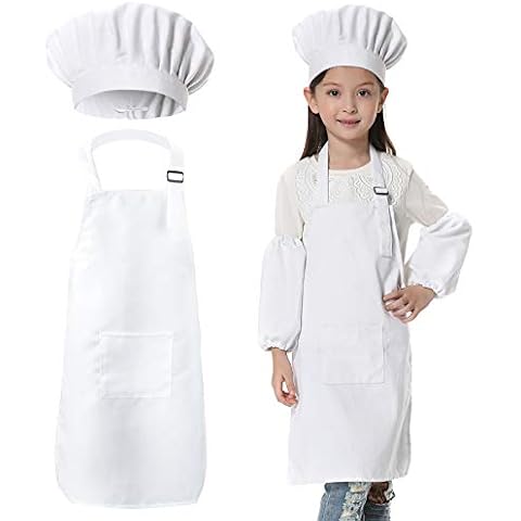 Kids Chef Outfit Apron Set Chef Hat Sleeves Aprons for Kids - Boys Girls Adjustable Kid Chef Costume Kitchen Cooking and Baking Wear (4-15 Years Old, White) Cover