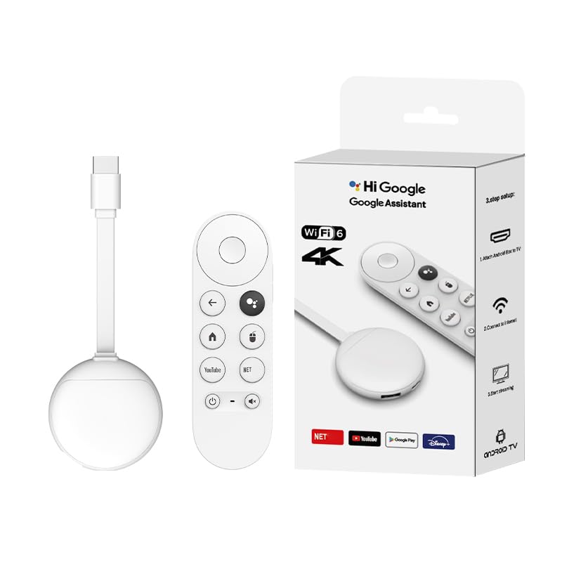New TV Stick Google Chromecast mit Google TV 4K Media Streamer, 4K UHD / 60Hz Ausgang, Google Assistant Built-In, Dual-Band Wi-Fi 5, HDMI-Anschluss, Atmos Unterstützung, Snow Orginal tv Stick Box