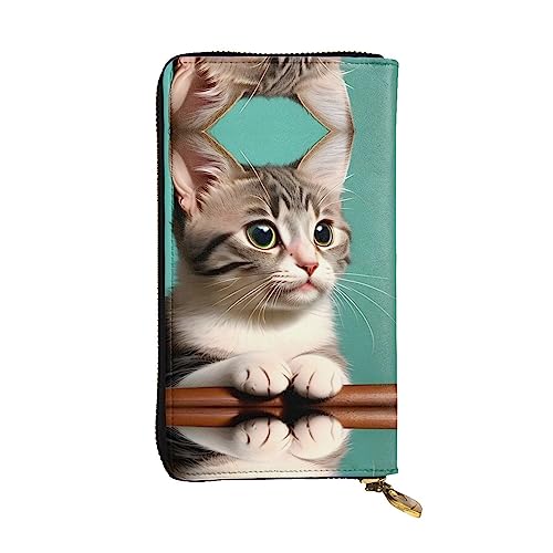 Leather Wallet 7.48 x 4.13 in - Stylish and Durable Wallet for Women with Multiple Compartments and Zipper Design A curious cat Pattern