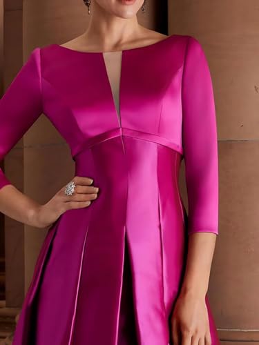 Satin Wedding Guest Dresses for Women Tea Length Mother of The Bride Dress A Line 3/4 Sleeves Evening Gown4