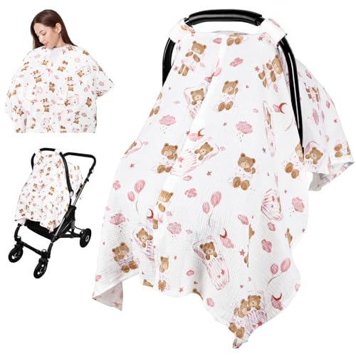 Image of Car Seat Cover Baby Girls Boys, Summer Cotton Baby Car Seat Cover for Carseat, Comfortable Muslin Nursing Cover, Soft Baby Blanket, Breathable Lightweight Infant Stroller Canopy, Pink Bear