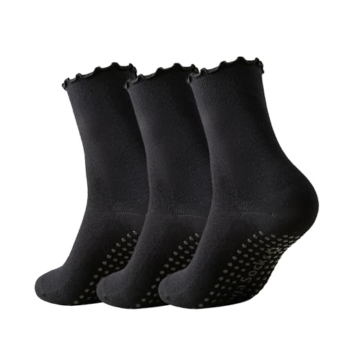Image of 3 Pairs Pilates Socks with Grips Non-slip Ruffle Yoga Sock Grip Sock for Women