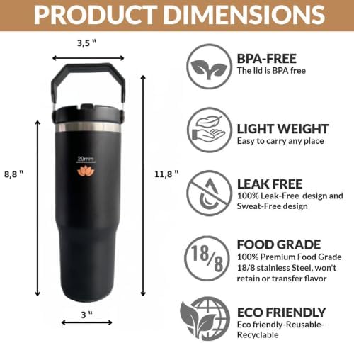 Miniatura 2 de LILY Vaso de 30 onzas con asa y pajilla, taza de viaje con tapa con pajilla, taza de acero inoxidable de doble pared y botella de agua aislada, taza