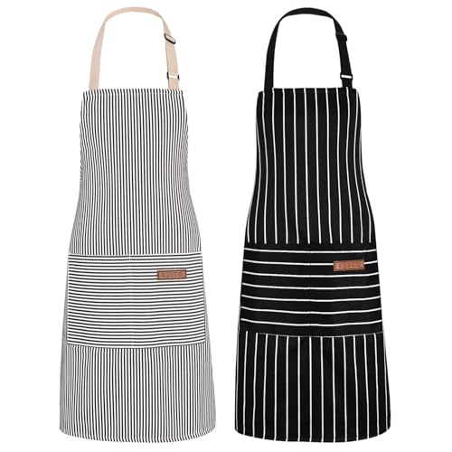 2Pack Adjustable Kitchen Apron for Women Men with 2 Pockets，Cotto...