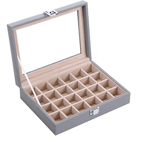 BEWISHOME Jewelry Box 24 Slots Earring Organizer Holder for Girls Women Earring Jewelry Display Storage Case with Metal Buckle Clear Glass Lid Grey SSH17H