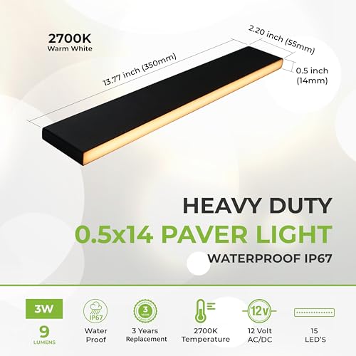 Image of LUMENGY Paver Light Slim 0.5x14 Inch(0.55x13.77) 2700K Warm White, Glare-Free Linear Lighting for Driveways, Walkways and Paver Borders, 12V Hardwired, IP67 Waterproof, Drive-Over Rated