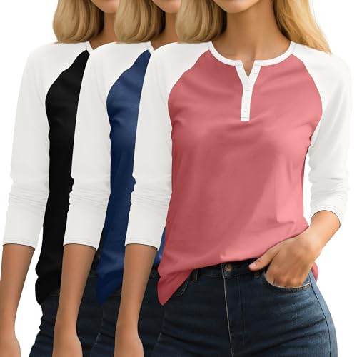 3 Pack Womens 3/4 Sleeve Shirts V Neck Tunic Blouses Color Block Basic Raglan Tops Button Henley Loose Fit T Shirts