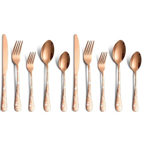 Image of aDai Rosegold Silverware Set | Satin Finish 10-Piece Flatware Set with Unique Floral Printed Handle | Dishwasher Safe Stainless Steel Cutlery for Home, Restaurant & Gifting