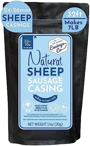 Natural SHEEP Casings for Sausage Making, 24-26mm, Great Hot Dog Casing or Sausage Casing for Merguez & Breakfast Sausage, Pre-Tubed, Edible, A Grade, Halal, from New Zealand, 32” makes 7lb Sausages