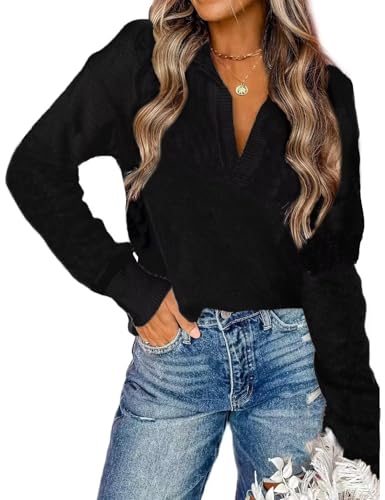 CiCiBird Women Fall V Neck Long Sleeve Sweater Pure Black XL