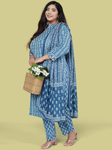 Image of MIRCHI FASHION Pure Cotton Plus Size Straight Kurta Set with Dupatta | 3 Piece Summer Ethnic Kurta Pant Set | Office Wear Salwar Suit for Women